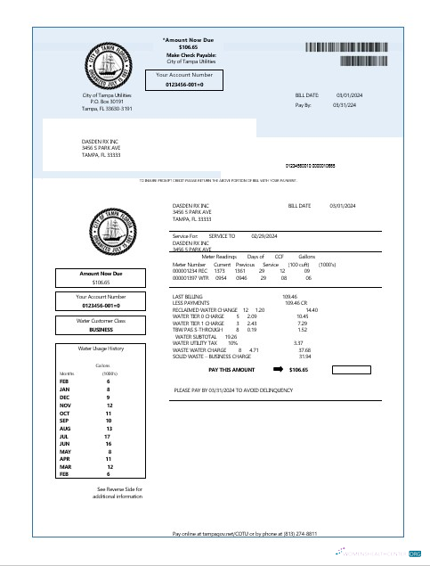 Download USA Florida water business utility bill template in Word and PDF formats Photoshop template